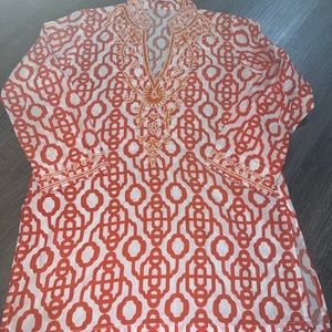 Barbara Gerwit Beaded Tunic Top Orange & White Geometric Print Cotton Sz M boho